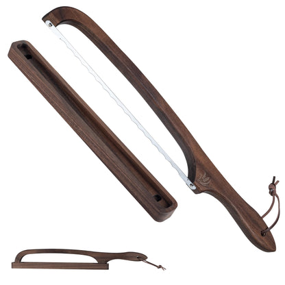 BreeziiDesign Bread Knife with Wooden Tray, 16.5" Serrated Sourdough Bread Knife, Premium Bow Bread Slicer for Homemade Bread, Bagels & Loaf, Stainless Steel Cutter (Black Walnut, Narrow-Spacing)