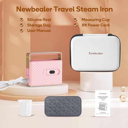 Newbealer Travel Steam Iron - Handheld Steamer with Non-Stick Soleplate & Auto-Off | Pink, Global Voltage 100-240V