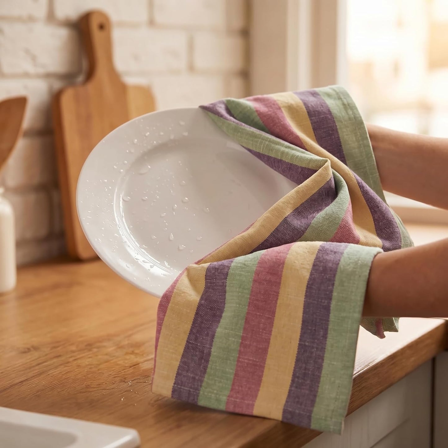 Set 6 20" X30 100% Urban Villa Kitchen Towels Harvest Stripes Dish Towels of Cotton Highly Absorbent Quick Drying Dish
