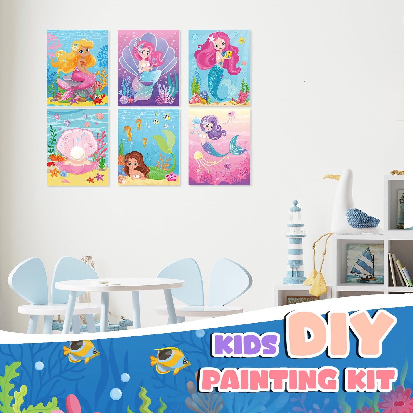 Ireer 12 Set Paint Party Set 8 x 10 Sip and Paint Kit Include 12 Printed Pre Drawn Canvas Panel, Wooden Easels, Palettes, Pots, Apron 36 Brushes for Adult Art DIY Party(Mermaid)
