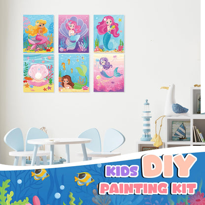 Ireer 12 Set Paint Party Set 8 x 10 Sip and Paint Kit Include 12 Printed Pre Drawn Canvas Panel, Wooden Easels, Palettes, Pots, Apron 36 Brushes for Adult Art DIY Party(Mermaid)