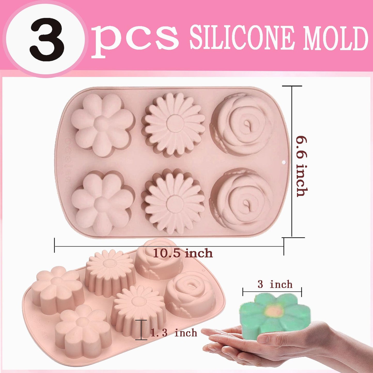 3 Pack Silicone Soap Molds,Flowers Soap Mold for Soap Making,Great for Handmade Soaps,Lotion Bars,Biscuit,Chocolate,Moon Cake