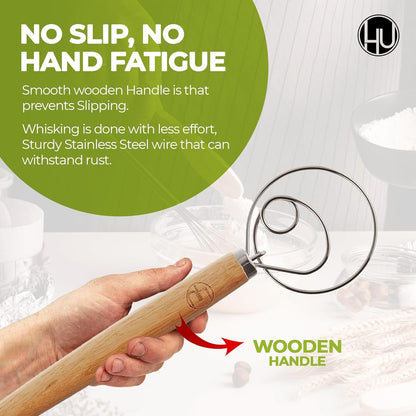 LHU Premium Original Danish Dutch Whisk - 13.5" L, Stainless Steel/Beechwood, Includes Cleaning Brush for Better Batter