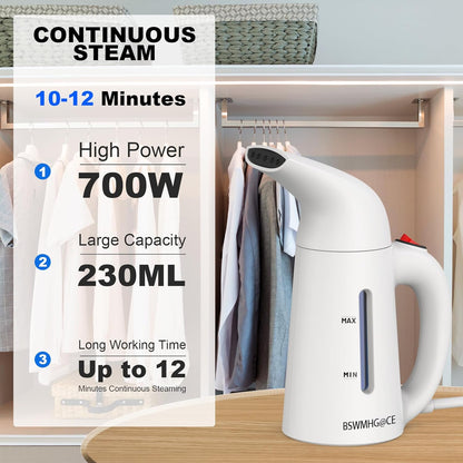 Handheld Garment Steamer for Clothes, Portable Wrinkle Remover, 230ml Capacity, 12 Minutes Continuous Steam, Mini, White