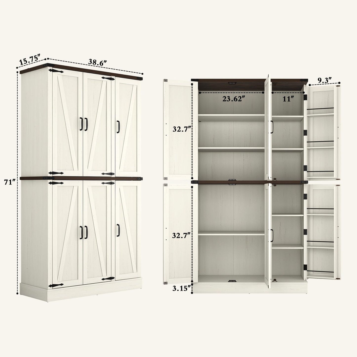 Hlivelood 71" Tall Kitchen Pantry,Farmhouse Storage Cabinet with Barn Doors,Organizer,Rustic Wood Cupboard,Farmhouse Pantry Cabinet for Kitchen,Dining Room,Living Room(Rustic White)