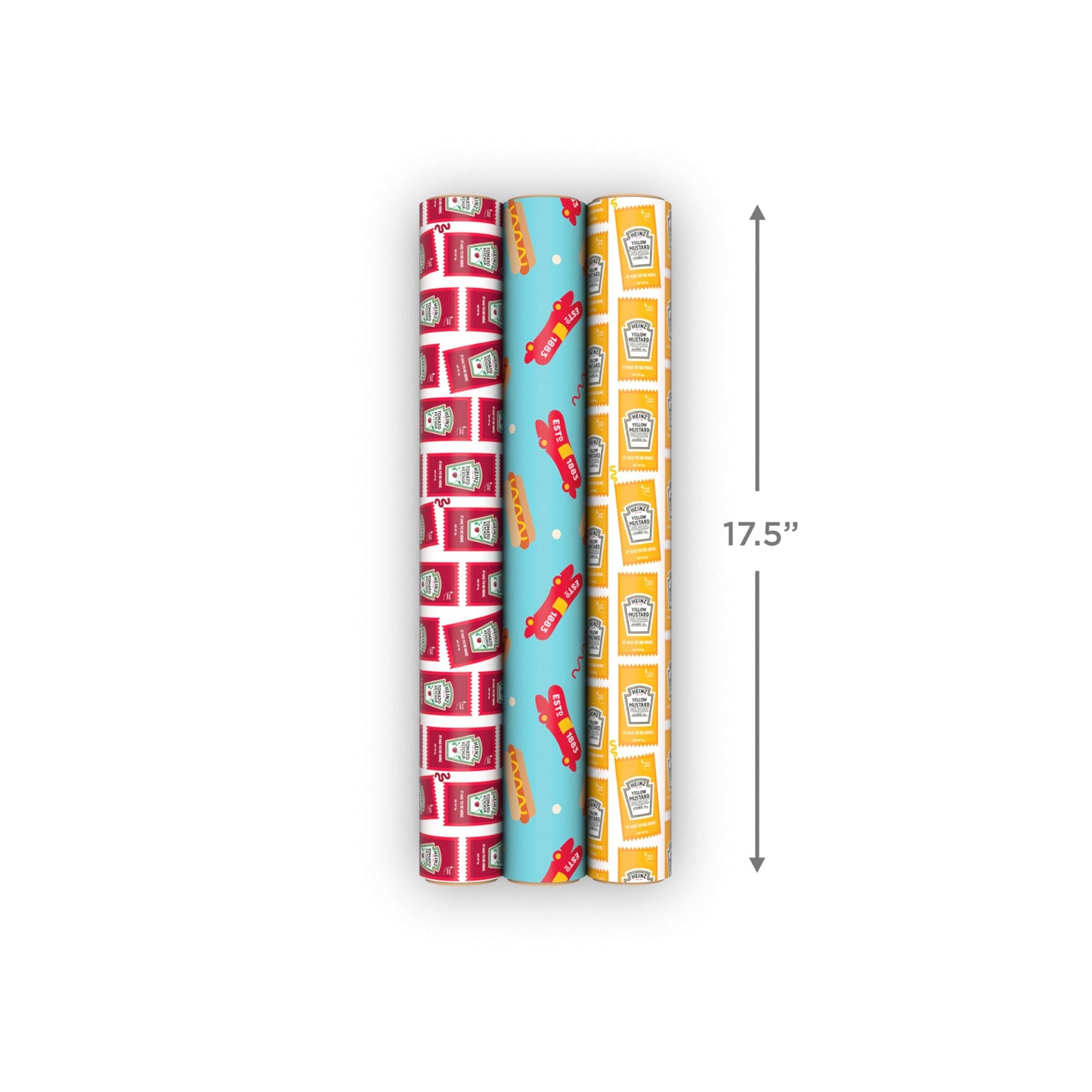 Hallmark Heinz Wrapping Paper Mini Rolls, 3-Pack (Ketchup, Mustard, Hotdogs, Wienermobile) for Birthdays, Graduations, Father's Day, Celebrations, Any Occasion - 45 Sq. Ft. Total