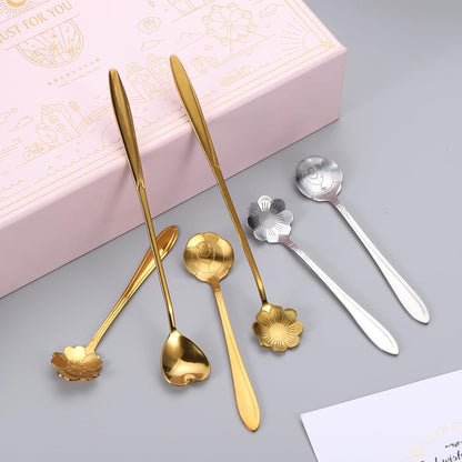 uxcell 4Pcs Stainless Steel Flower Spoon, 7 Inch Long Handle Teaspoon for Ice Cream, Coffee, Cocktail Mixing, Silver