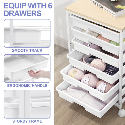 SYKIARIOL Rolling Cart with Drawers,Utility Cart with 6 Drawers,Rolling Storage Cart with Drawers and Wooden Tabletop & Lockable Wheel,White