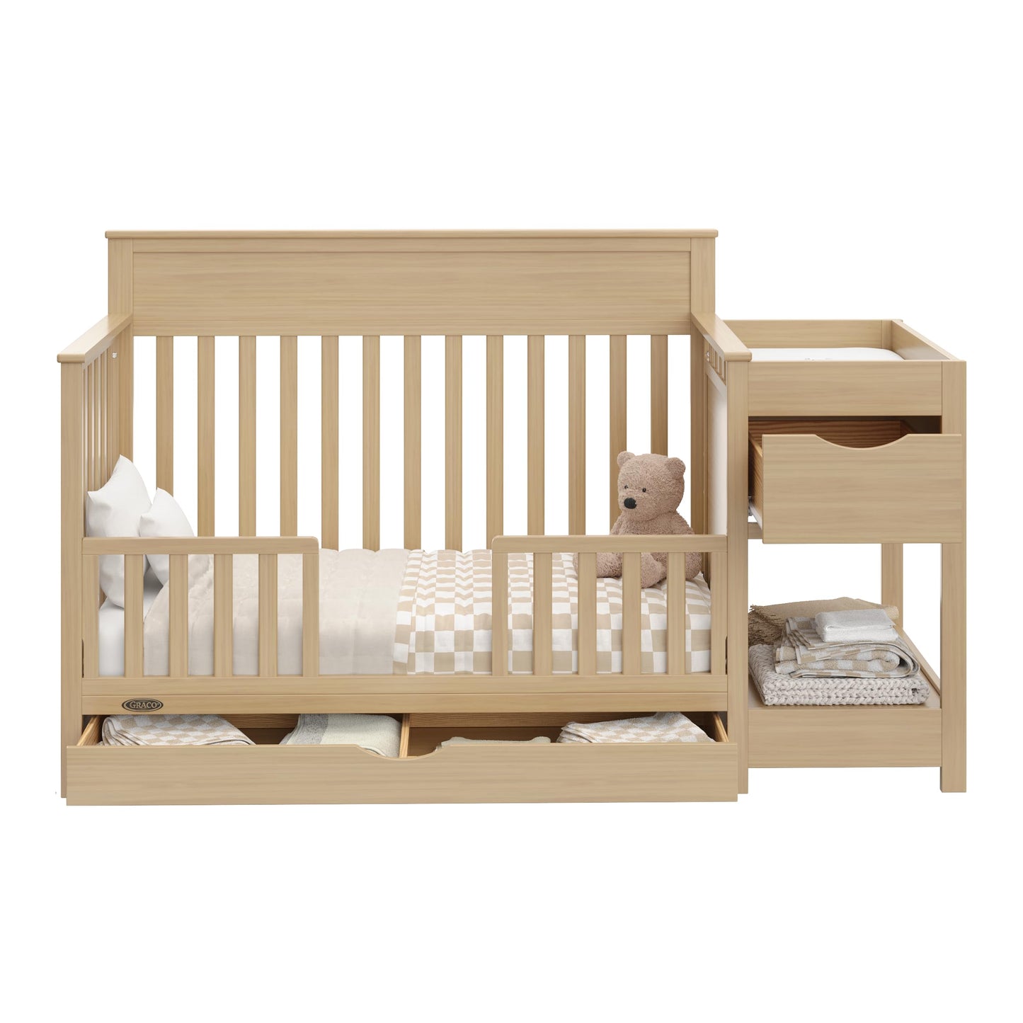 Graco Shiloh 5-in-1 Convertible Crib & Changer with Drawer – GREENGUARD Gold Certified Baby Crib Crafted from Wood, Converts to Toddler Bed, Daybed, and Full-Size Bed (Driftwood)
