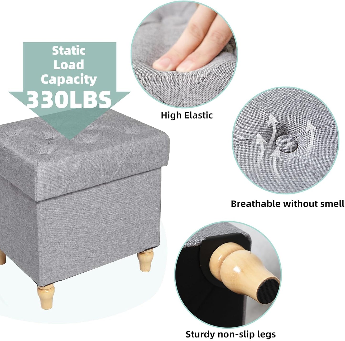 15"x12.6"x15.4 CAROLMADE Folding Storage Ottoman Cube Linen Footstool with Wood Legs Ottoman Footrest for Living Room