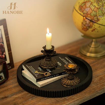 12" Hanobe Decorative Tray for Coffee Table: Black Round Centerpiece Tray for Home Decor - Wood Modern Farmhouse Decor
