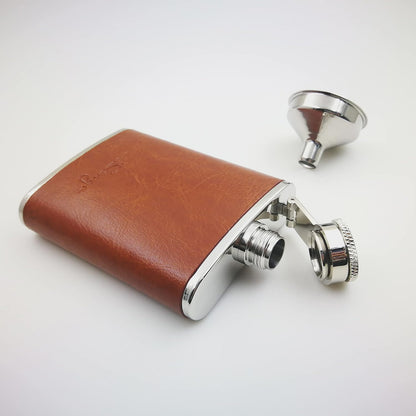 3oz Brown Red Leather Wrapped Hip Flask with Funnel, 18/8 Stainless Steel (YM102)
