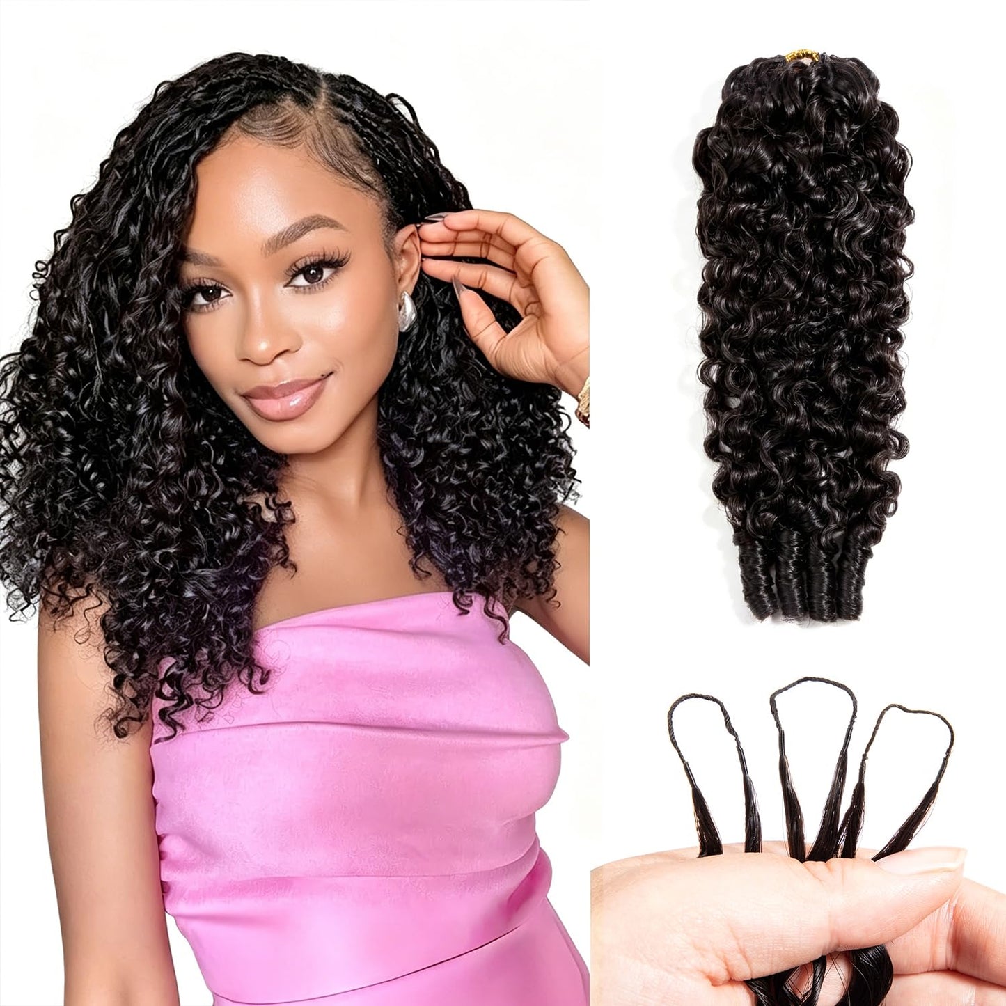 Burmese Curly Human Hair Crochet Bundles 20 Inch 60g Knotless Pre-Separated Feather Crochet Human Hair 3c4a Water Curly Hair Reusable Hair Extensions for Women Natural Black Color (1B-60G, 20 Inch)