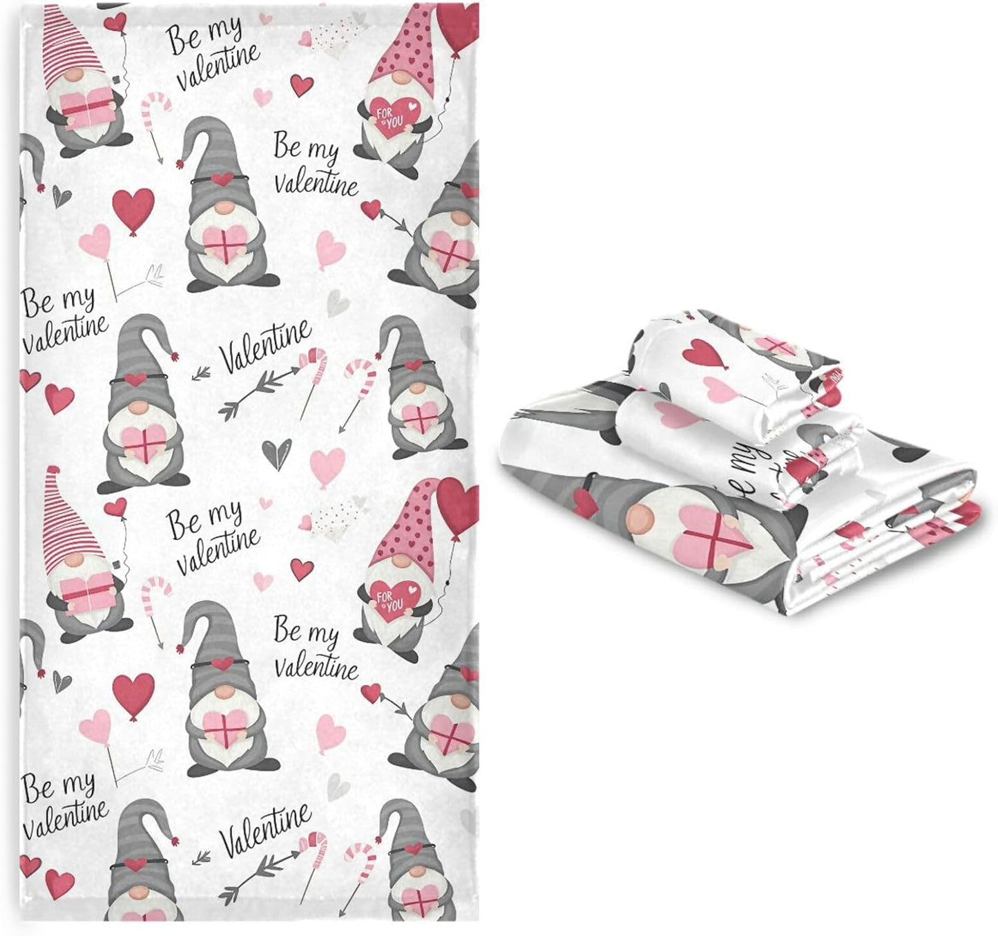 Set 3 Sets Pfrewn Cute Gnomes Hearts Pink Towels of Romantic Romantic Love Spring White Bathroom Towel Soft Absorbent