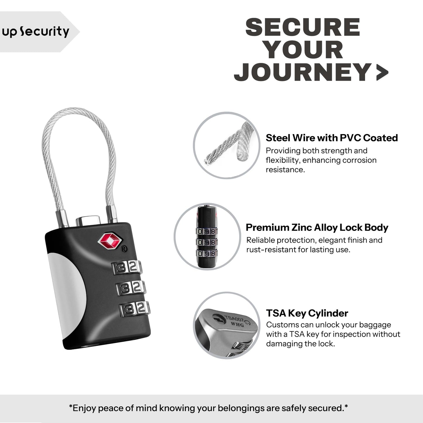 UP Security TSA Locks for Luggage, Small Combination Lock with Cable, Luggage Locks TSA Approved, Combo Lock for Suitcase, Cabinet, Gym Locker, Backpack, Small Padlock for Travel Essentials (Black)