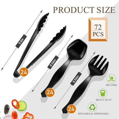 Mwellewm 72Pcs Plastic Serving Utensils Set Large Disposable Serving Spoons Fork and Tongs for Serving Food 8.5'' Heavy Duty Black Party Utensil Supplies for Buffet Restaurant Picnic Dinner Salad Soup
