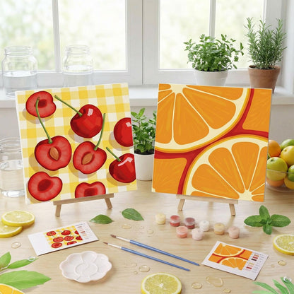 MotiMind 12 Sets Fruit Framed Paint by Number Kit for Adults with 12 Wooden Easels, 12 Disposable Apron, 12 Pigment 12 Brush, 12 Palette, DIY Acrylic Paint by Number Kits for Party