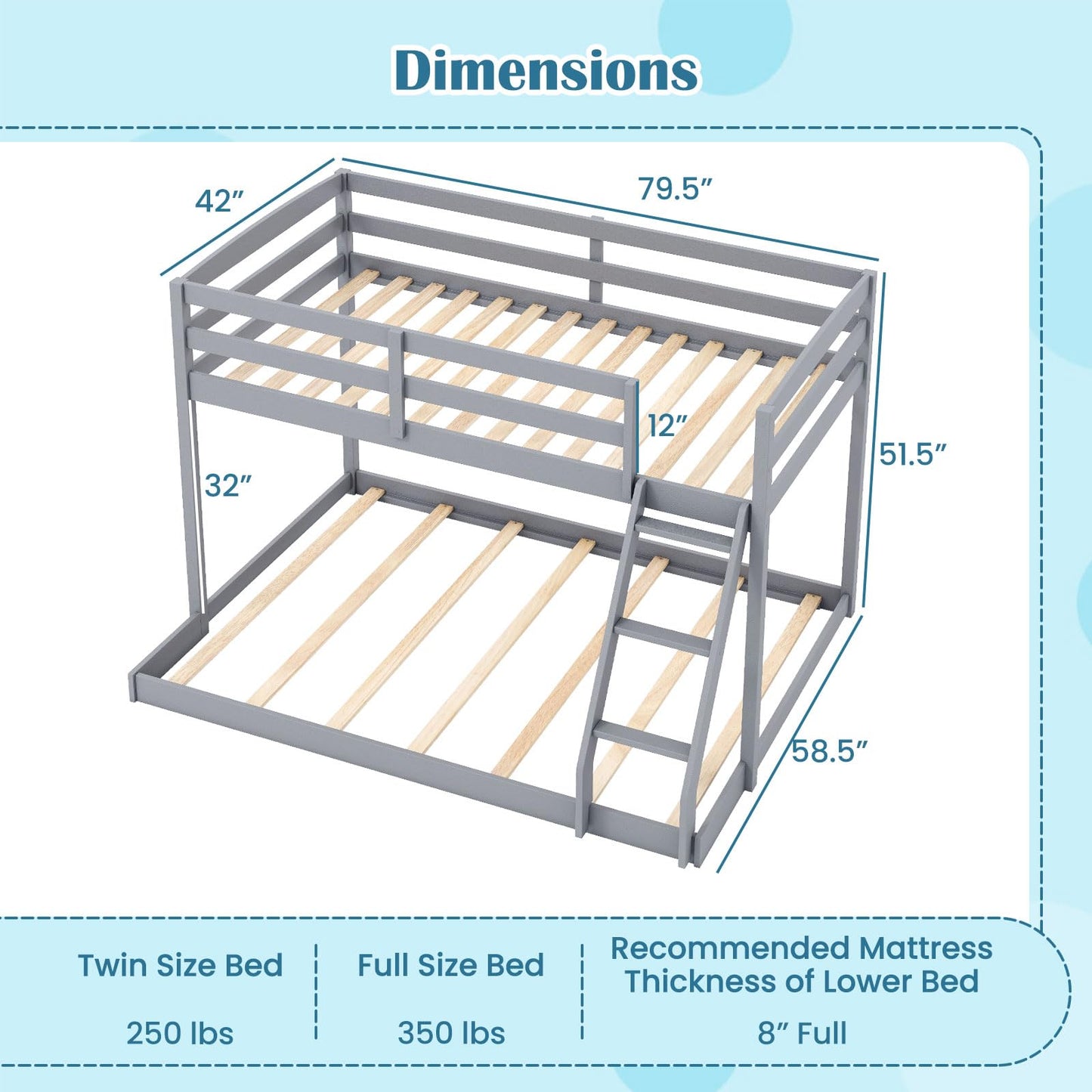 Giantex Twin Over Full Bunk Bed, Solid Wood Kids Bunk Bed with Full-Length Guardrails & Ladder, Low Bunk Beds with Slats Support for Kids, Teens, No Box Spring Needed, Grey