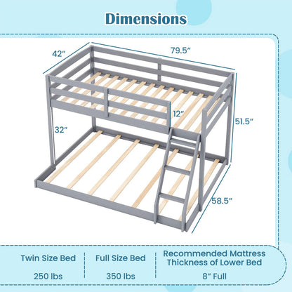 Giantex Twin Over Full Bunk Bed, Solid Wood Kids Bunk Bed with Full-Length Guardrails & Ladder, Low Bunk Beds with Slats Support for Kids, Teens, No Box Spring Needed, Grey