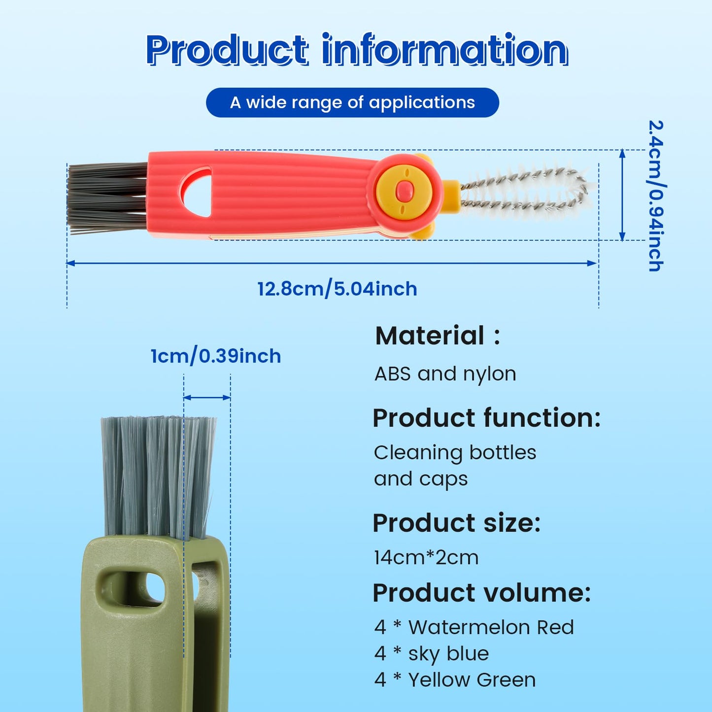 BXUYAOXMC 3 in 1 Cup Lid Cleaning Brush, 180° Rotatable Bottle Brush Gap Cleaner, Multifunctional Crevice Cleaning Brush Set for Baby Bottle, Water Bottle, Tumbler & Kitchen Mugs, 12 Pack Hangable