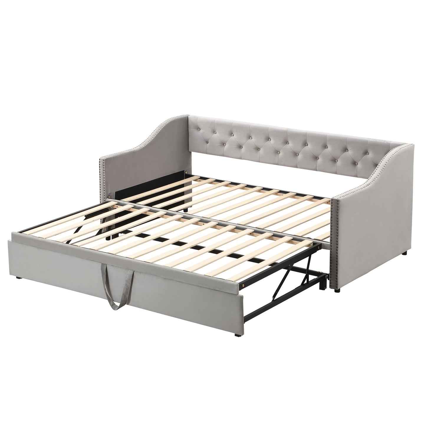 Merax Twin Size Upholstered Velvet Daybed with Pop Up Trundle, Multi-Functional Sofa Bed with Backrest and Two Armrest for Guest, Living Room, Gray