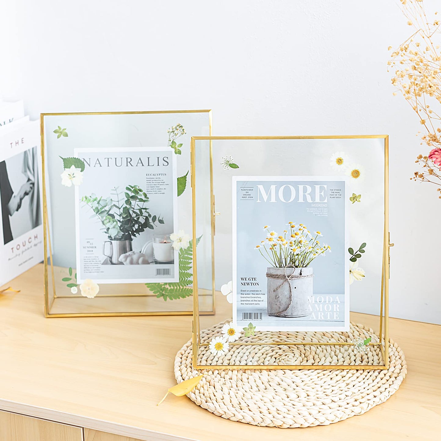 Jajamy Gold Floating Picture Frame Set of 2, 10"x12" Glass Pressed Flower Picture Frames, Tabletop Standing Glass Floating Frame for 8x10 Photo Display