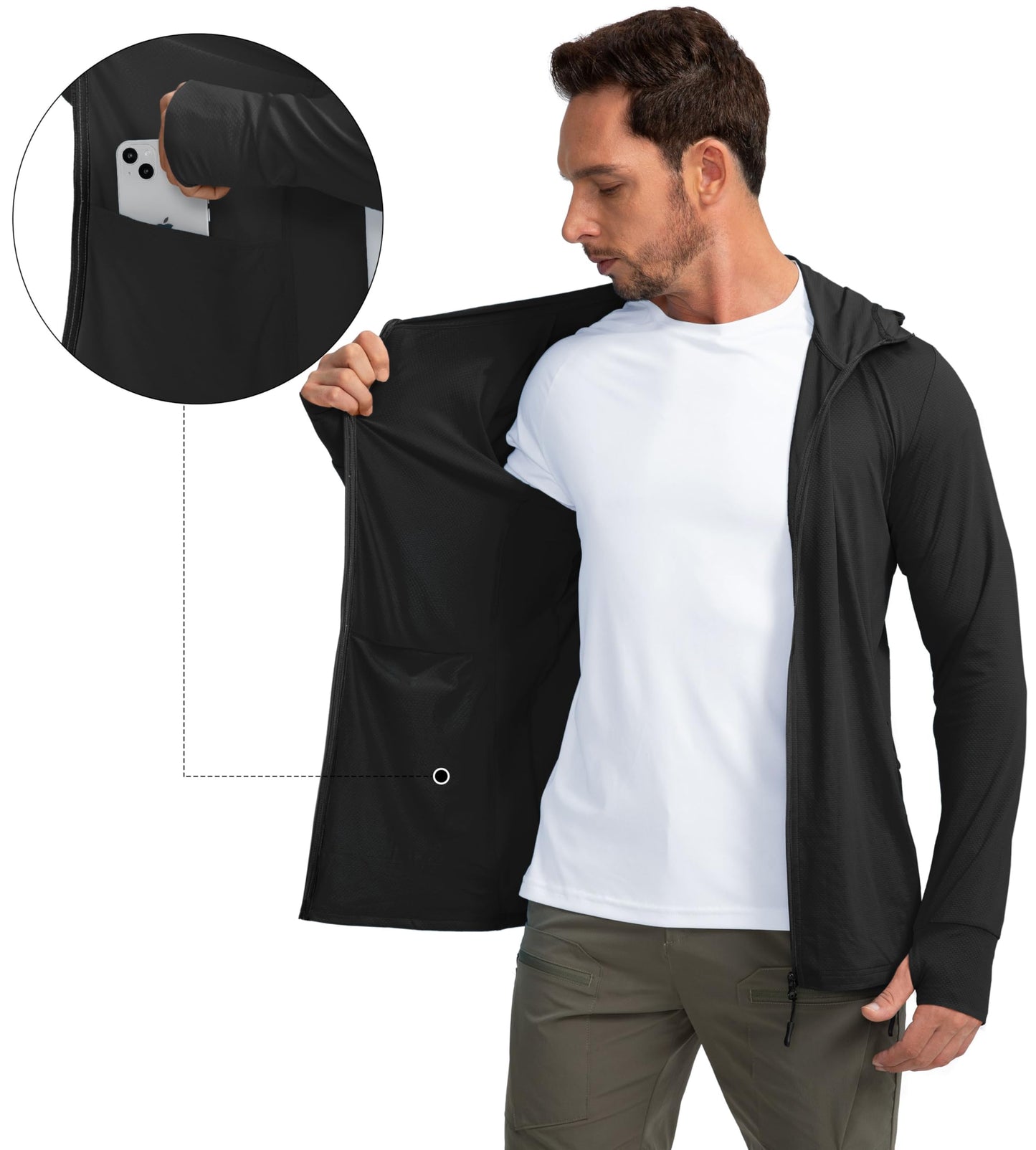 Men's UPF 50+ Light Jacket Full Zip Sun Protection Hoodie Long Sleeve Sun Shirts for Men Hiking Fishing Zip Pockets(Black_3XL)