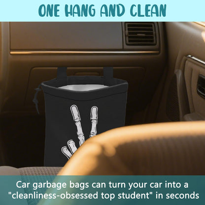 KXWQTRDD Car Garbage Bag Skeleton Hand Peace Sign Drawstring Car Trash Bag Hanging for Back Seat with Adjustable Buckle Canvas Vehicle Trash Can Easy-to-Install