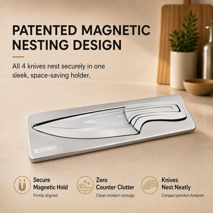 NestKnife Magnetic Kitchen Knife Set - 4 Piece VG10 High Carbon Stainless Steel Kitchen Knives with Patented Space-Saving Nesting Design & Magnetic Block - Ultra Sharp Professional Chef Knife Set