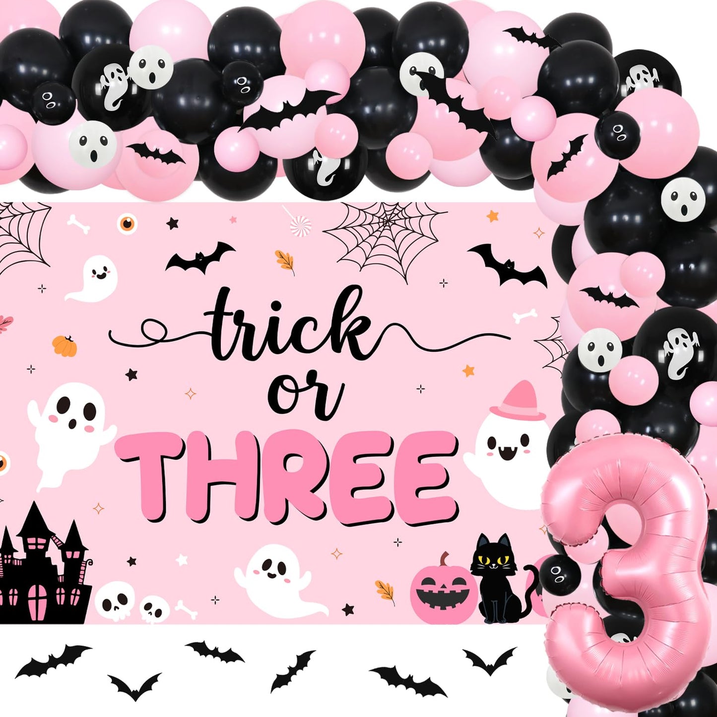 84Pcs Trick or Three Theme Halloween 3rd Birthday Party Decorations Pink Black Balloon Garland Arch Kit Number 3 Foil Balloon 3D Bat Wall Stickers for Girls Halloween Three Birthday Party Decor Favors