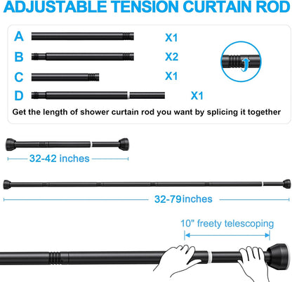 TEECK Adjustable Tension Shower Curtain Rod, 32-79 Inch, 1 Inch, Anti-Slip, Rust-Proof, No Drilling, Black