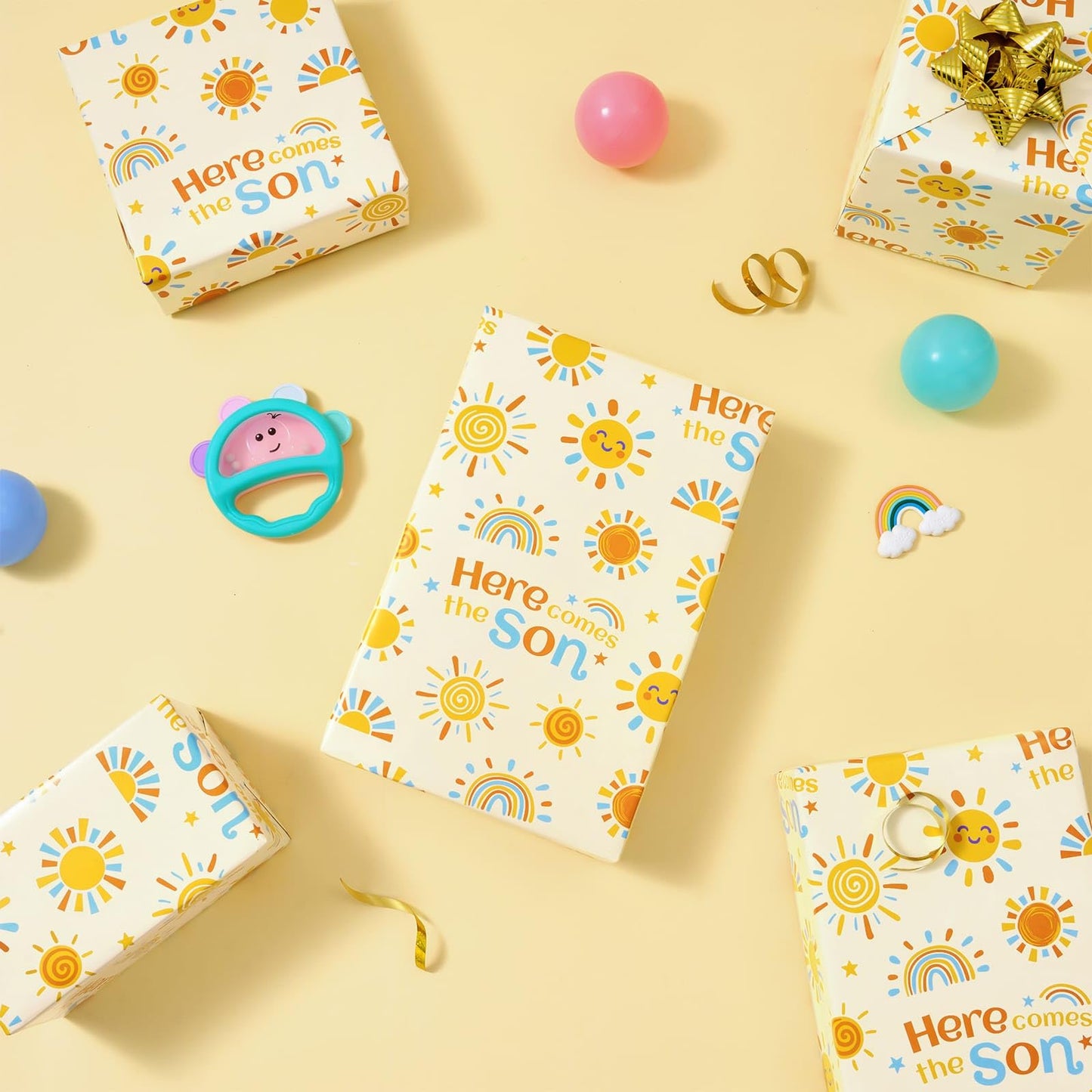 WERNNSAI Baby Sun Wrapping Paper - 6 Sheets 19.7” x 27.5” Baby Shower Wrapping Paper Boy Yellow Sunflower Paper Boho Design for 1st Birthday Gift Wrap Supply