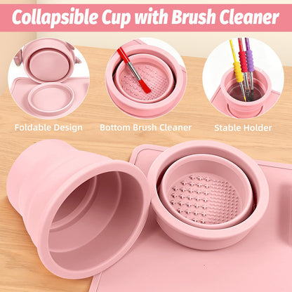 LRFORMB Silicone Painting Mat for Table Protection, 23.6 x 15.8in Drawing Mat with Nylon Brushes for Children, Art Mats with Cleaning Cup, Paint Palette, Clay Craft Mats for DIY (Pink)