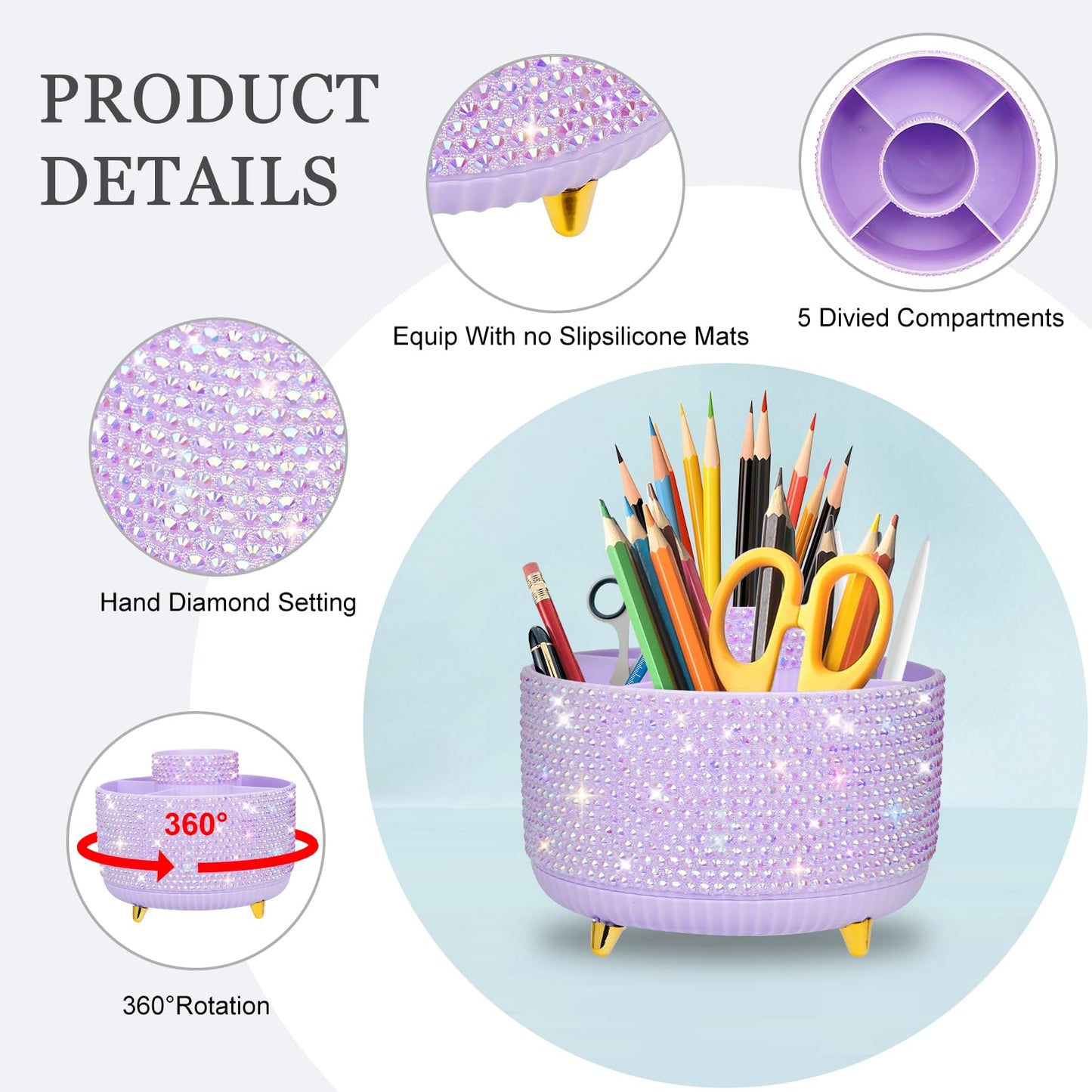 ENJIKAER Bling Purple Phinestone Desk Organizer with 5 Slots 360 Degree Rotating，Bling Pen Holder Makeup Brush Holder for Women, Silver Rhinestone Office Accessories(Purple)