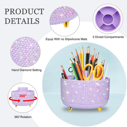ENJIKAER Bling Purple Phinestone Desk Organizer with 5 Slots 360 Degree Rotating，Bling Pen Holder Makeup Brush Holder for Women, Silver Rhinestone Office Accessories(Purple)