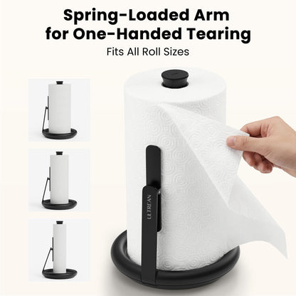 Ultrean Paper Towel Holder with Spray Bottle, Countertop Freestanding Paper Towel Dispenser with Spring-Loaded Tension Arm for One-Handed Tear, Weighted Base, Stainless Steel for Kitchen, Black