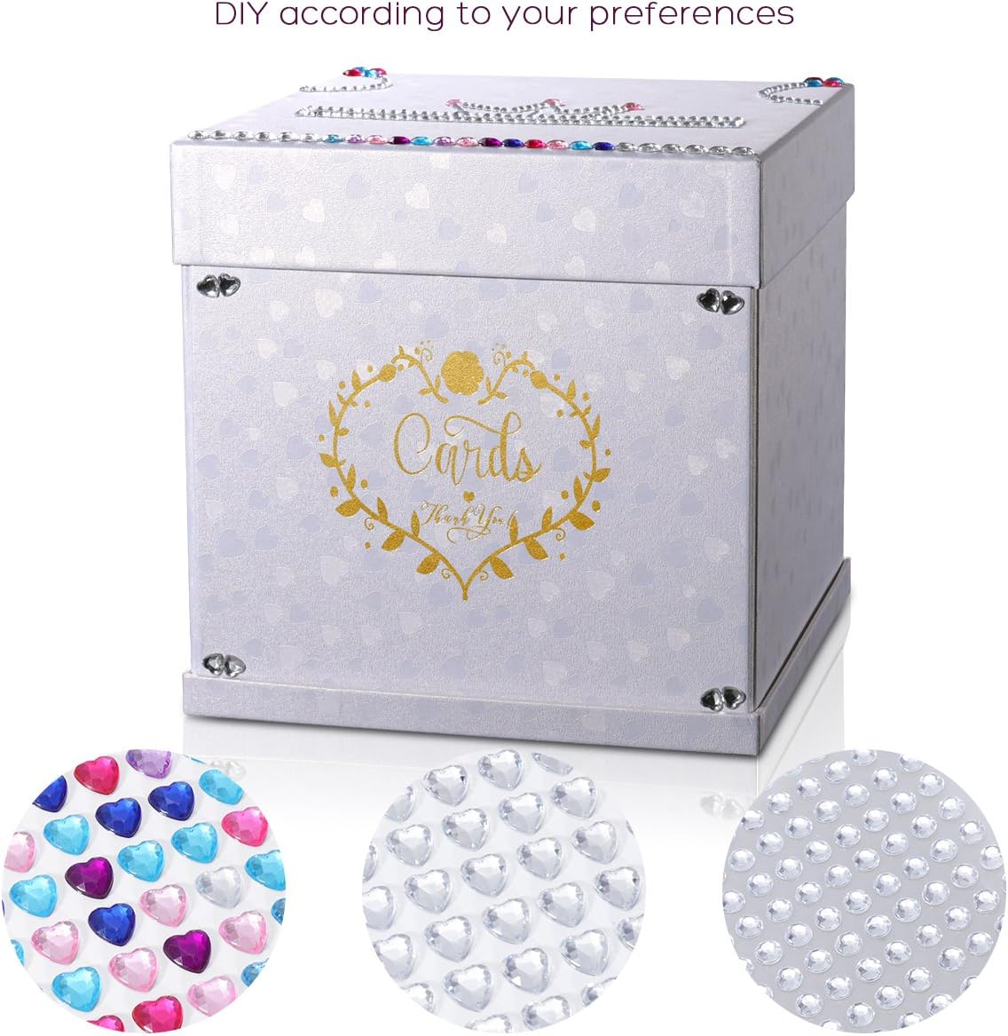 Wedding Card Box with 2 Color Ribbons, 10"x10" Textured White Box with Golden Embossed Hearts Design