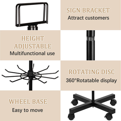 Exttlliy 5-Tier Metal Spinning Display Stand Rack with Wheels, Black Iron, 50 Hooks, Lockable Wheels, Ideal for Jewelry, Accessories, Foods