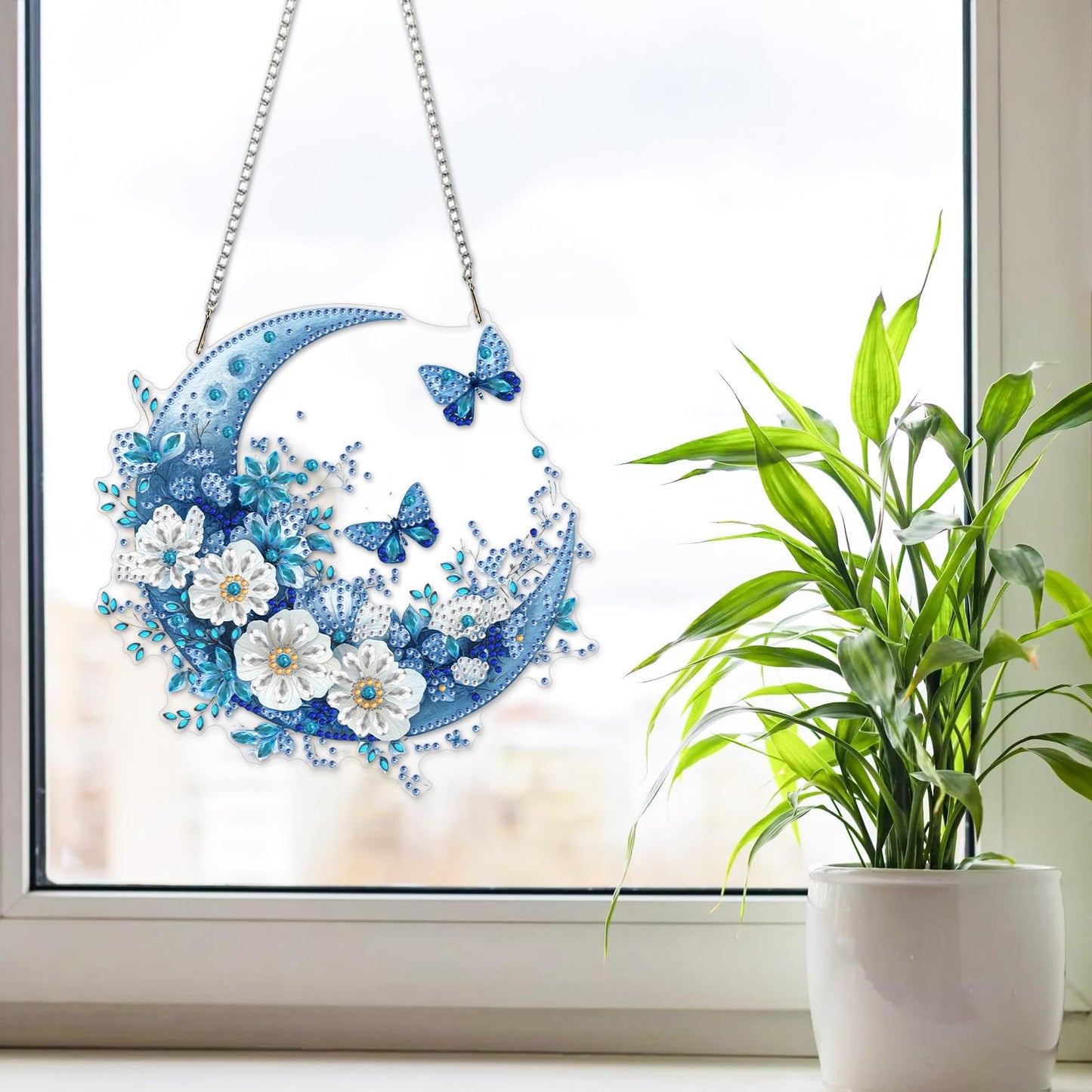 NAIMOER Diamond Art Hanging Kits for Adults Moon Butterfly 5D Special Shaped Rhinestone, DIY Acrylic Diamond Art Painting Window Pendants Home Garden Wall Hanging Ornament Kits, Double Sided