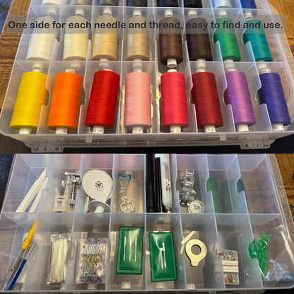 Double-Sided Sewing Organizer Box with 46 Grids - Clear Plastic Thread Storage Case for Embroidery Floss, Sewing Threads, Needles, Beads & Craft Supplies (Portable Craft Organization Container)