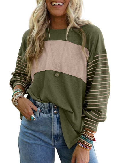 Dokotoo Long Sleeve Tops Oversized 2025 Trendy Round Crew Neck Casual Color Block Womens Shirts Blouses