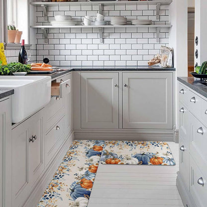 Blue Pumpkins Fall Kitchen Rugs and Mats Set, Thanksgiving Non-Slip Bathroom Rug with Eucalyptus Leaves Botanical