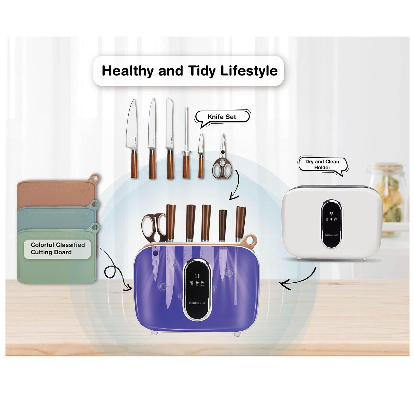 Charmline Smart Cutting Board and Knife Set with Holder, Double Cleaning and Drying Function, Space Saving Smart Home Gadgets, Keeping Kitchen Clean and Tidy, Brown