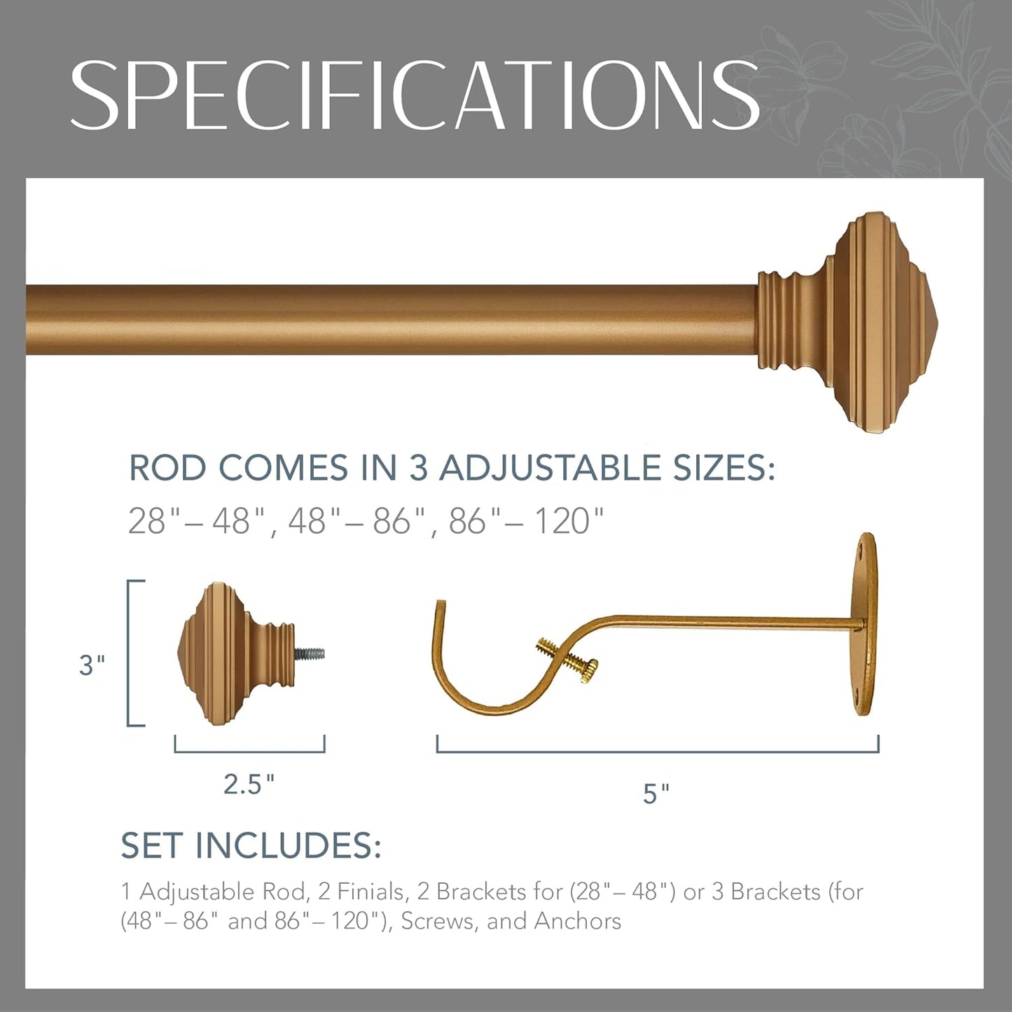 Elrene Home Fashions Florence Single Curtain Rod with Stacked Square Finials, 1" Diameter, Soft Gold, 28X48