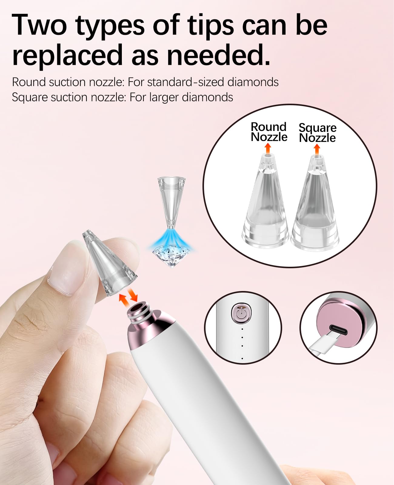 QIDUHUQI Electric Diamond Painting Pen, Diamond Art Vacuum Pen with Round and Square Nozzles, 3 Powerful Suction Modes, Cordless Diamond Art Accessories for Home Crafting and Gifts (Ivory White)