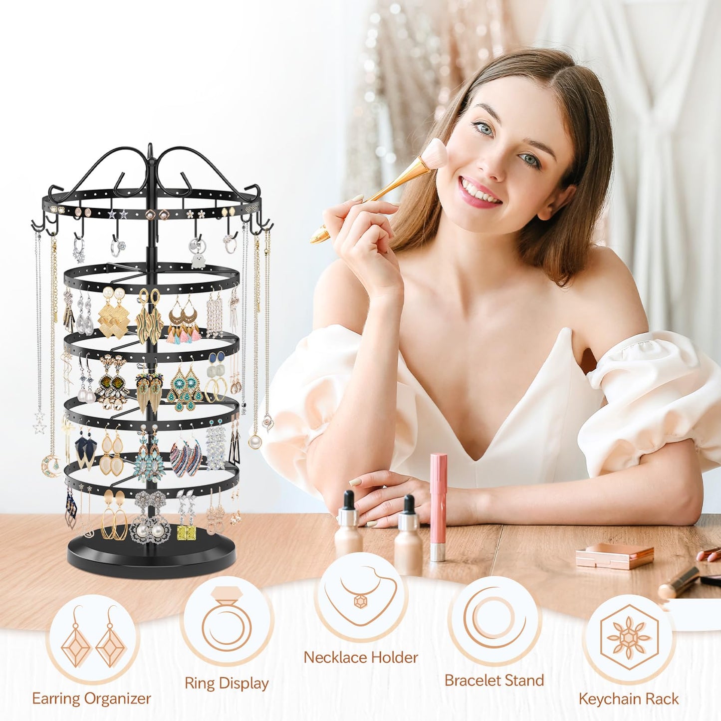 MODOWEY Rotating Jewelry Holder Organizer Stand, 5 Tier Metal Adjustable Display Tree, 228 Hole Earring Tower for Stud Dangle, 17 Hook Necklace Bracelet Storage Rack, Versatile Compact Hanger, Black
