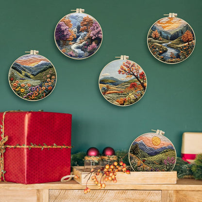 Eforcase Embroidery Starter Kit for Adult Beginner with Landscape Tree Mountain River Floral Nature Scenery Pattern Cross Stitch Hand Embroidery Set DIY Cross Stitch Kits with Hoops Needles Threads