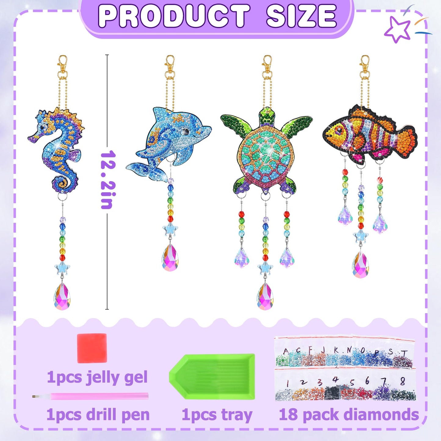 Diamond Art Kits for Kids - Crafts Gifts for Girls 8-12, 4 Pcs Double Sided Sea Animal Style Wind Chime, Hanging Crystal Rhinestone Painting Ornament