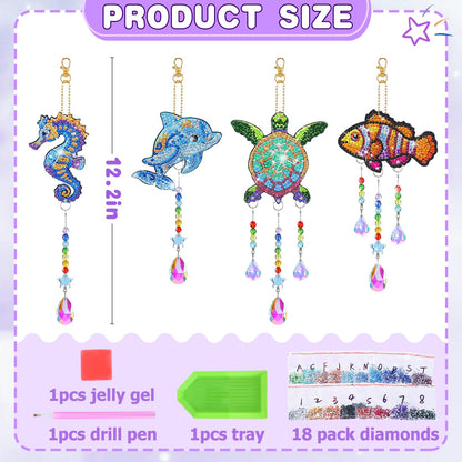 Diamond Art Kits for Kids - Crafts Gifts for Girls 8-12, 4 Pcs Double Sided Sea Animal Style Wind Chime, Hanging Crystal Rhinestone Painting Ornament