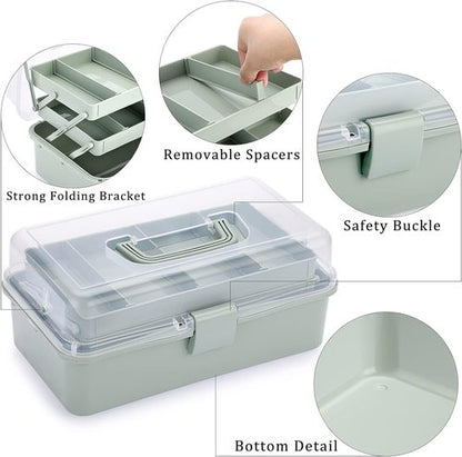 BTSKY 3-Layer Craft Organizer - Adjustable Spacers & Portable Handle - Haze Green Storage Box
